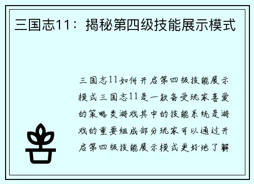 三国志11：揭秘第四级技能展示模式