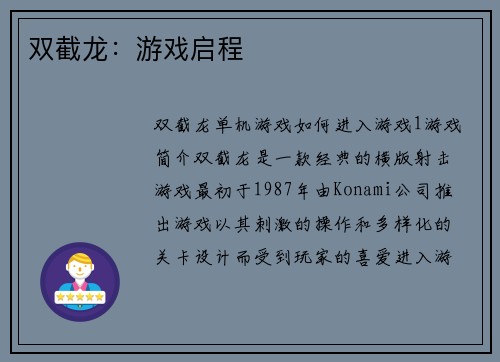 双截龙：游戏启程